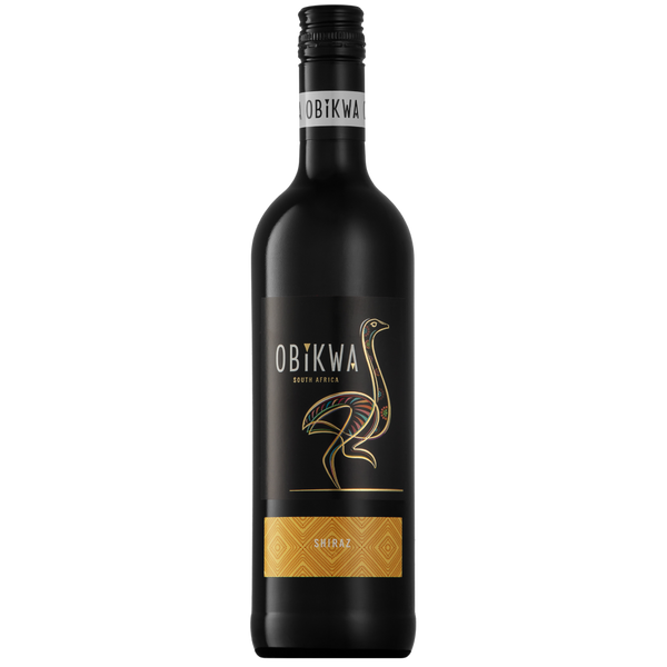 Eine Flasche Obikwa Shiraz-Wein mit schwarzem Etikett, das einen stilisierten Vogel und goldene Akzente zeigt.