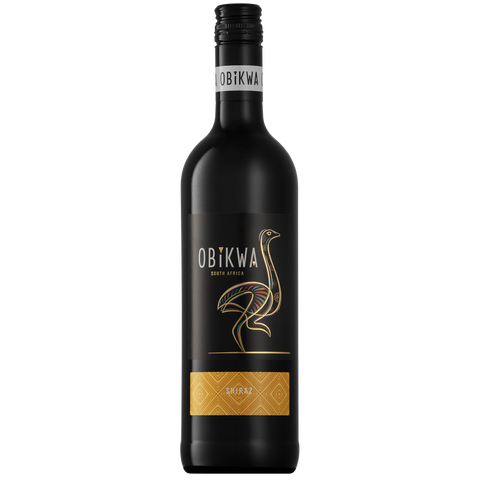 Eine Flasche Obikwa Shiraz-Wein mit schwarzem Etikett, das einen stilisierten Vogel und goldene Akzente zeigt.