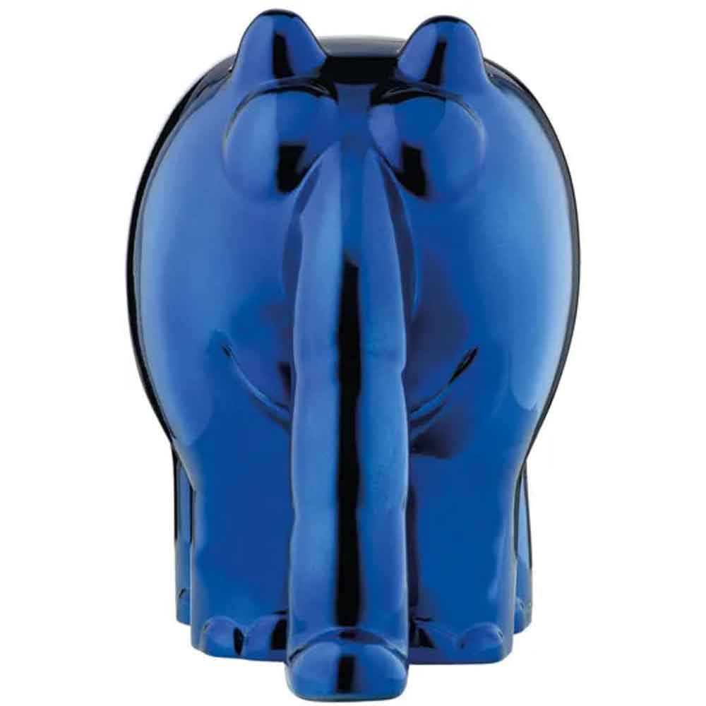 Eine glänzende blaue Elefantenfigur, von vorne gesehen, mit gerade herabhängendem Rüssel.