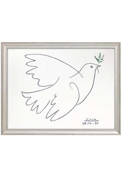 Eine einfache Strichzeichnung einer Taube, die einen Olivenzweig hält, gerahmt in hellem Holz, mit einer Signatur und einem Datum unten rechts.