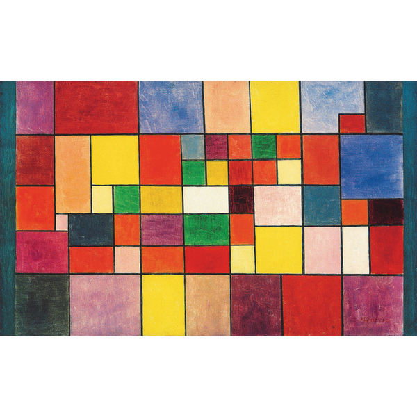 Paul Klees „Harmonie der nördlichen Flora“ (1927): Abstrakte Kunst mit bunten Rechtecken und Quadraten unterschiedlicher Größe, die in einem Raster auf Leinwand angeordnet sind.