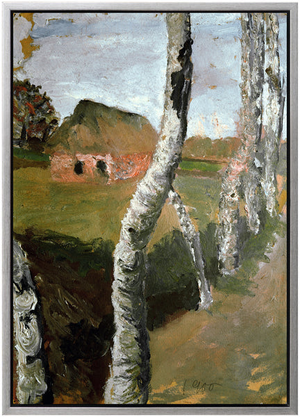 Ein Gemälde zeigt Birken im Vordergrund und ein rustikales Gebäude mit einem offenen Feld im Hintergrund unter einem bewölkten Himmel.