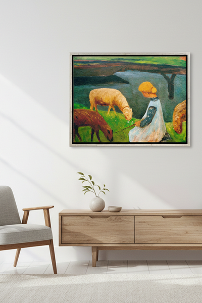 Ein modernes Wohnzimmer mit einem hellen Holzstuhl, einem Sideboard, einer Topfpflanze und einem gerahmten Gemälde einer Frau, die Schafe füttert, an der Wand.