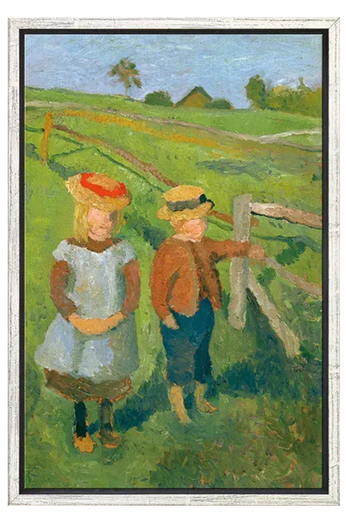 Gemälde von zwei Kindern mit Hüten, die neben einem Holzzaun in einer grasbewachsenen ländlichen Landschaft stehen, mit einem Haus und Bäumen im Hintergrund.