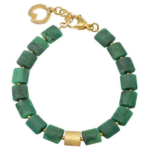 Grünes Steinperlenarmband mit goldenem Verschluss und dekorativen Goldakzenten.