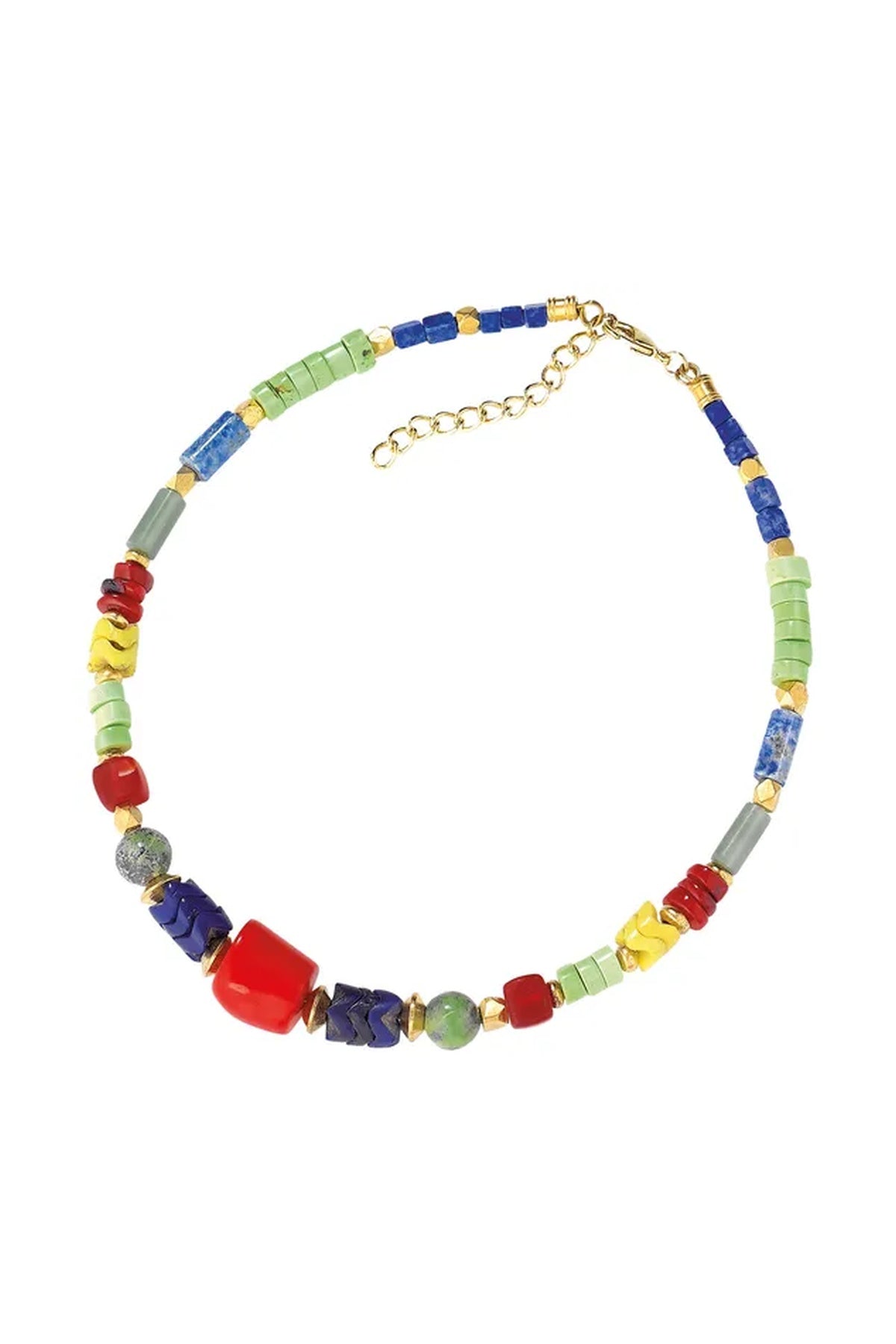 Eine Perlenkette mit einer verstellbaren Goldkette, die rote, blaue, grüne und graue Perlen in verschiedenen Formen und Größen enthält.