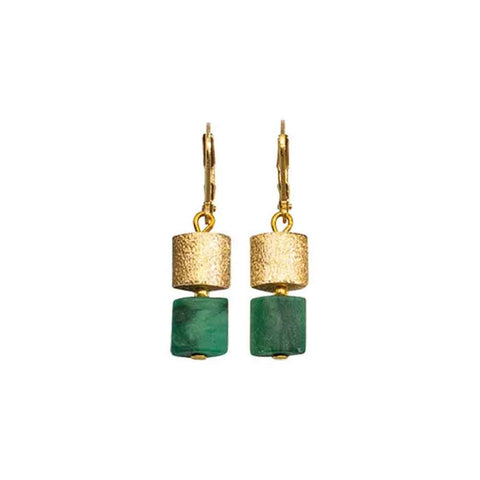 Goldene Tropfenohrringe mit strukturiertem Goldzylinder und grünen Steinwürfeln auf weißem Hintergrund.
