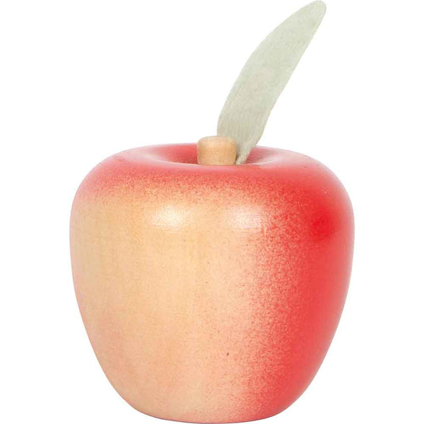 Ein rot und hellgelb bemalter Spielzeugapfel aus Holz mit einem kleinen Stiel und einem einzelnen grünen Filzblatt.