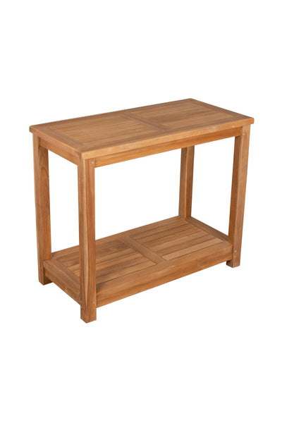 Rechteckiger Holztisch mit unterem Lattenrost, abgebildet auf weißem Hintergrund.