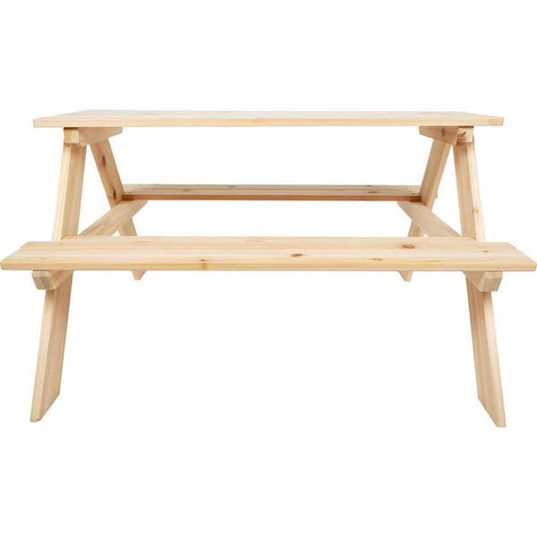 Vorderansicht eines einfachen hölzernen Picknicktisches mit beidseitig angebrachten Bänken.
