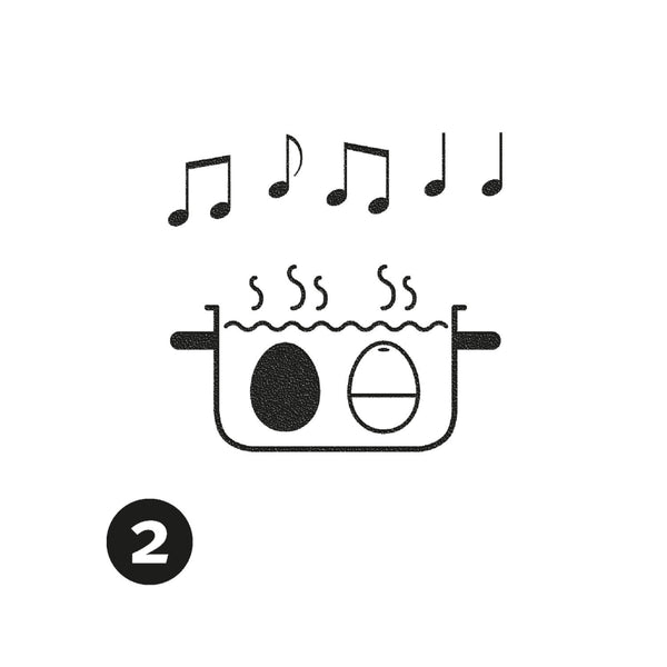 Ein Topf mit zwei in Wasser kochenden Eiern unter Musiknoten, mit der Zahl 2 in einem schwarzen Kreis unten links.