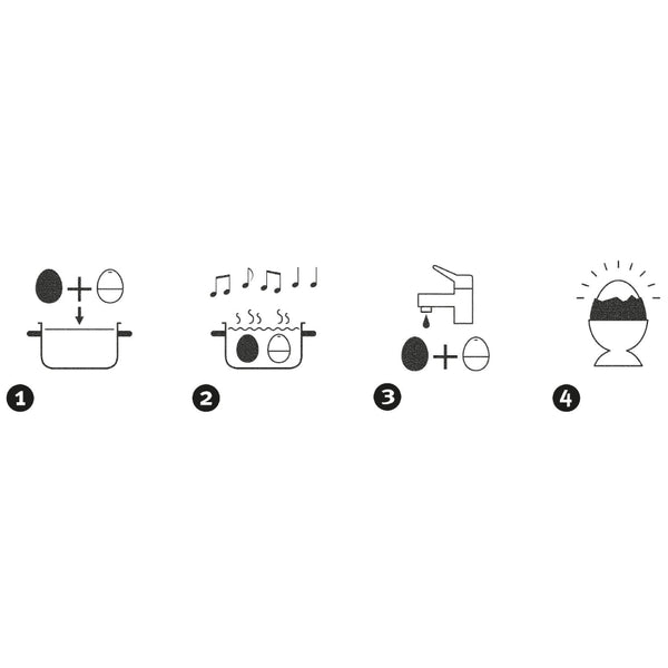 Illustration in vier Schritten: Eier in einen Topf geben, Eier mit Musiknoten kochen, Eier unter Wasser abspülen und ein fertiges weichgekochtes Ei in einem Eierbecher.