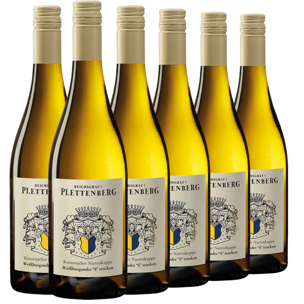 Sechs Flaschen Reichsgraf von Plettenberg Weißwein mit Wappenetiketten, in einer Reihe angeordnet.