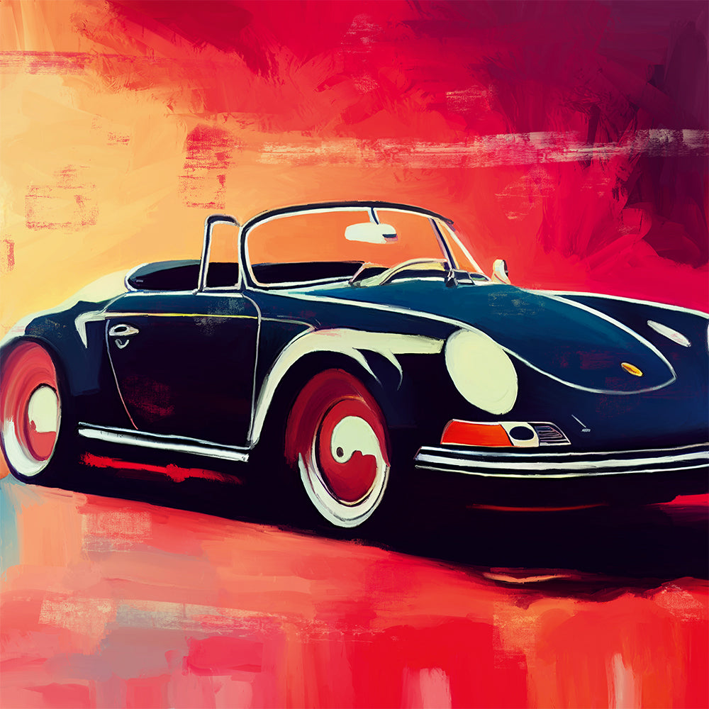 Das Kunstwerk „Porsche 356 Speedster“ (2022) von Holger Mühlbauer-Gardemin zeigt ein klassisches schwarzes Cabrio vor einem lebendigen, abstrakten rot-orangefarbenen Hintergrund.