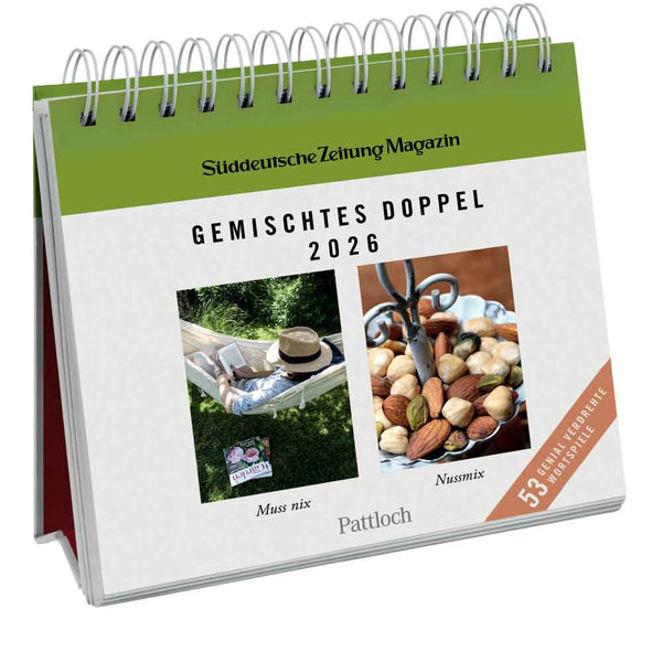 Spiralförmiger Tischkalender mit einer Hängematte, einem Hut und einer Schale mit gemischten Nüssen, beschriftet mit Muss nix und Nussmix.