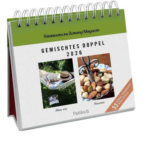 Spiralförmiger Tischkalender mit einer Hängematte, einem Hut und einer Schale mit gemischten Nüssen, beschriftet mit Muss nix und Nussmix.