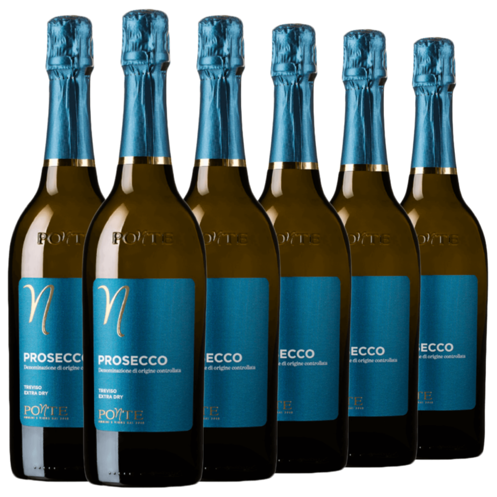 Sechs Flaschen Ponte Prosecco mit blauen Folienverschlüssen und blauen Etiketten sind in zwei Reihen auf einem einfarbigen Hintergrund angeordnet.