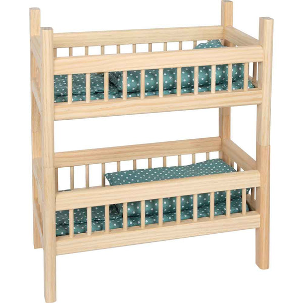 Puppenetagenbett aus Holz mit zwei Etagen, mit grüner Tupfenbettwäsche für das obere und untere Bett.