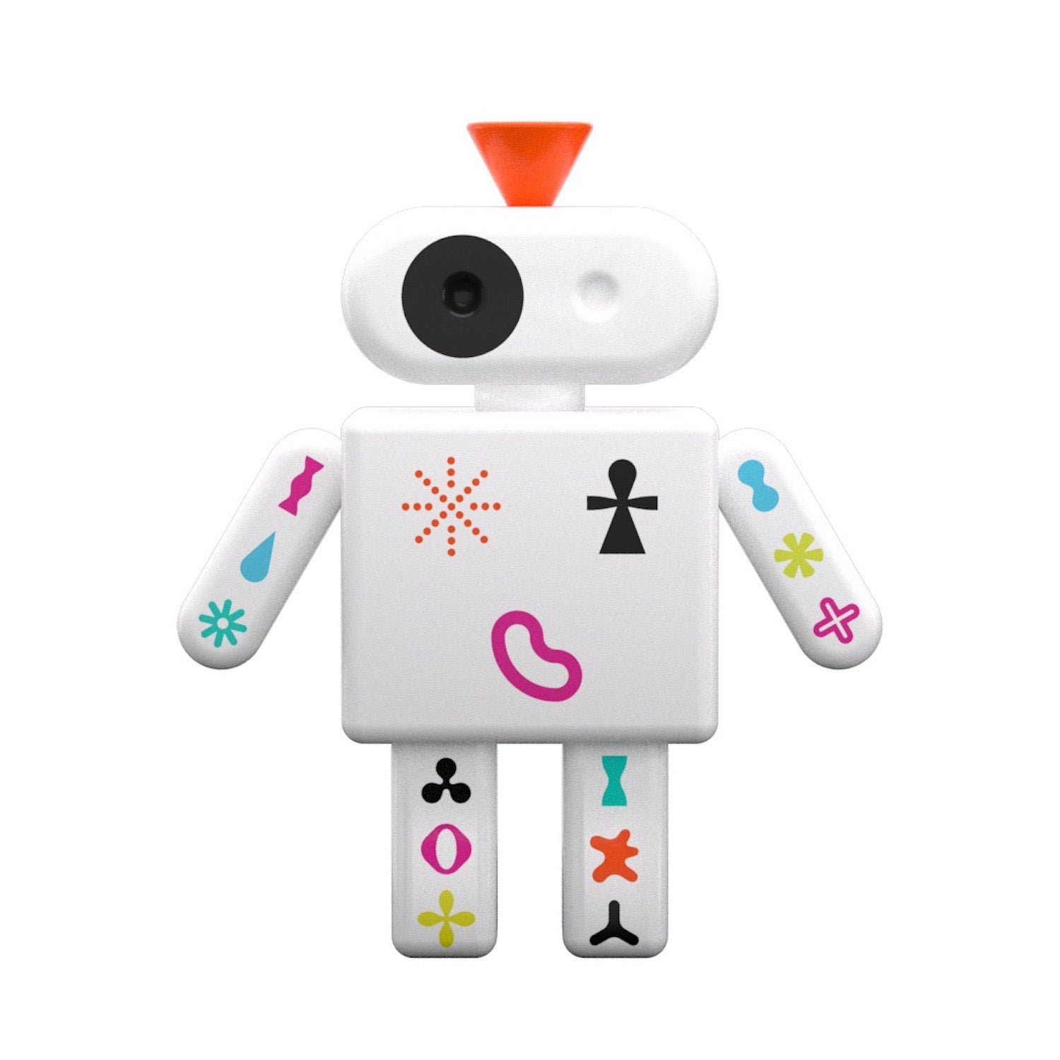 Spielzeugroboter mit weißem Körper, bunten Symbolen an Armen und Beinen und einem orangefarbenen Dreieck auf dem Kopf.