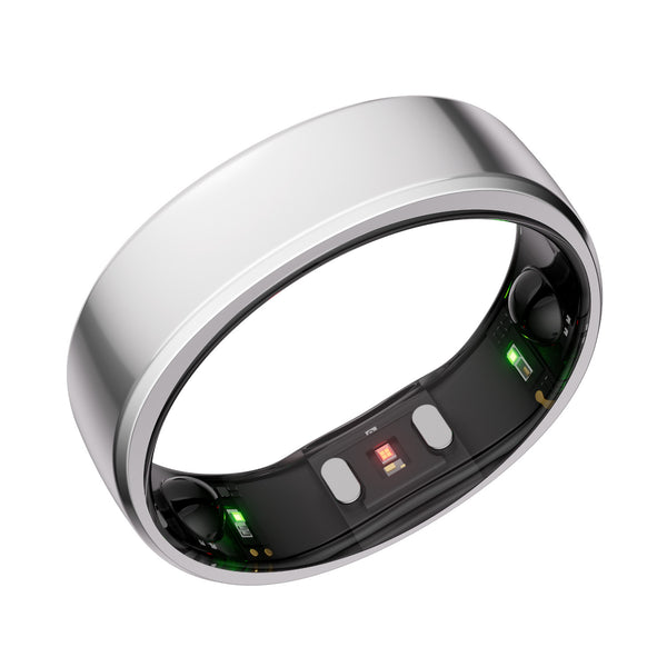 Ein silberner intelligenter Ring mit sichtbaren Sensoren und LEDs auf der Innenseite.