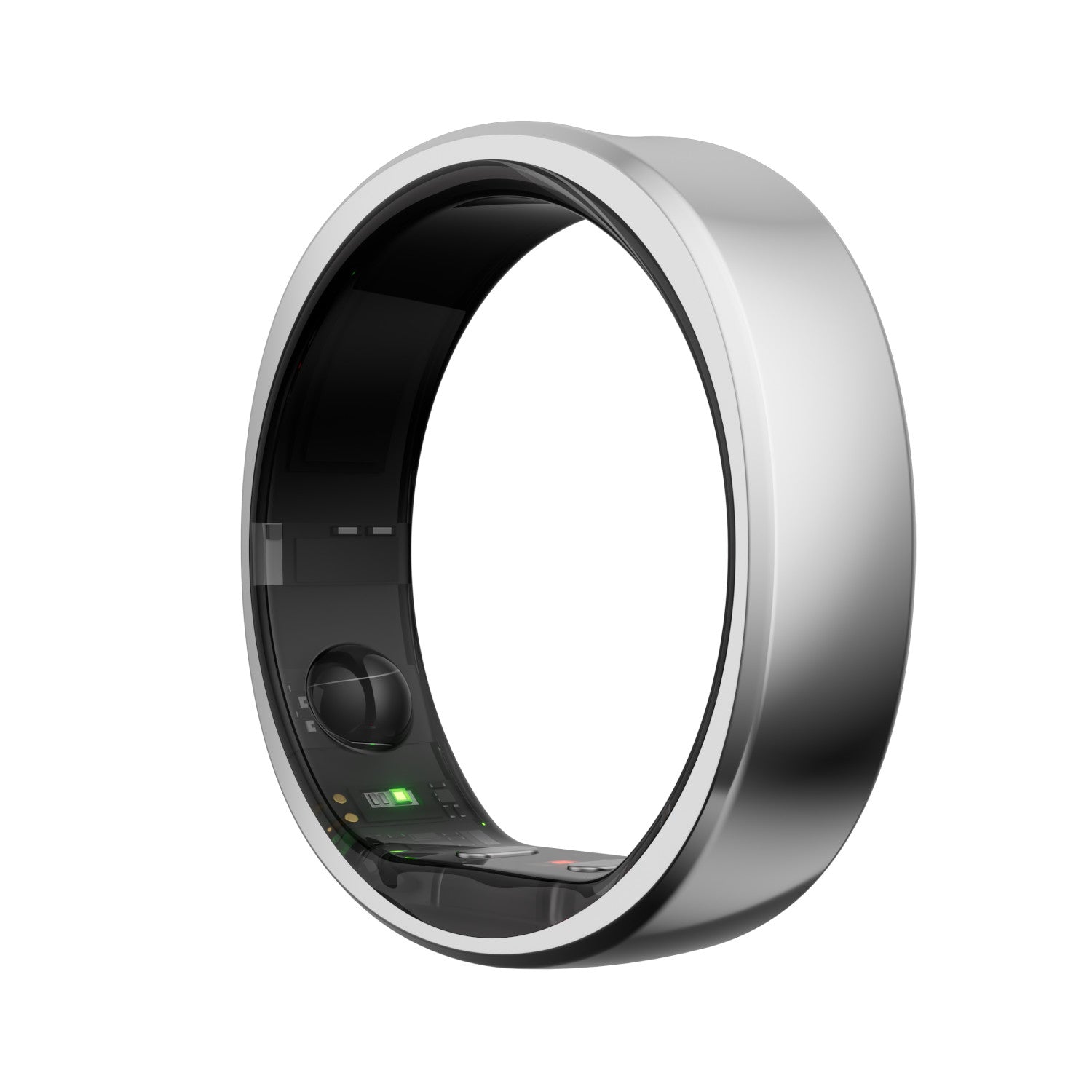 Ein eleganter, silberner Ring mit schwarzer Innenseite und kleinen sichtbaren Sensoren im Inneren.