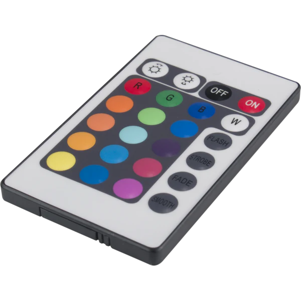Eine kleine, rechteckige Fernbedienung mit bunten Tasten zum Einstellen der LED-Lichter.