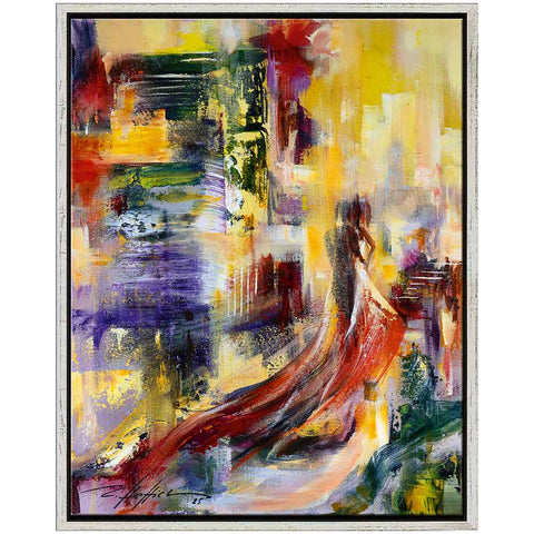 Abstraktes Gemälde einer Figur in einem fließenden roten Kleid inmitten leuchtend gelber, violetter und grüner Pinselstriche.