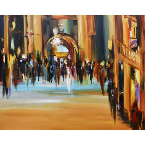 Abstraktes Gemälde einer belebten Innenraumszene mit verschwommenen Figuren und warmen Gold-, Blau- und Brauntönen.