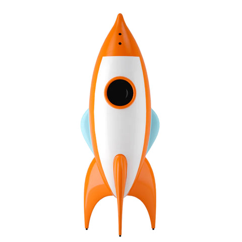 Oranges und weißes Raketenschiff im Cartoon-Stil mit blauen Flossen, von vorne gesehen vor einem weißen Hintergrund.