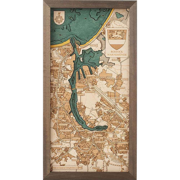 Gerahmte Karte im Vintage-Stil, die Rostock und Warnemünde mit detaillierten Straßen, Wasserstraßen in Grün und beschrifteten Ausschnitten zeigt.