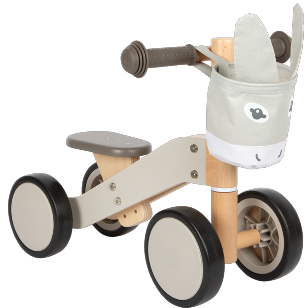 Das Rutschfahrzeug Esel ist ein kleines Rutschfahrzeug aus Holz mit vier Rädern und einem Eselsgesichtskorb an der Vorderseite.
