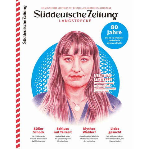 Das Titelbild des Magazins Langstrecke der Süddeutschen Zeitung, zeigt Heidi Reichinnek von den Linken auf weißem Hintergrund.