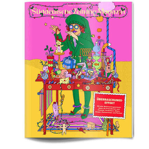 Buntes illustriertes Titelbild einer Zeitschrift, das eine Person in Grün mit Geschenken, Spielzeug und festlicher Dekoration auf einem Tisch zeigt.