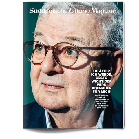 Joschka Fischer auf der Titelseite des Süddeutsche Zeitung Magazins, der leicht zur Seite schaut.