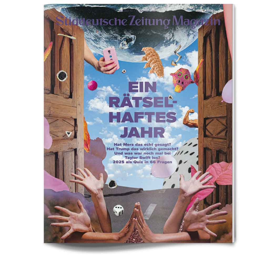 Ein surreales Magazincover mit schwebenden Objekten, offenen Türen und Händen mit dem Titel Ein Rätselhaftes Jahr.
