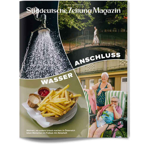 Das Titelbild des Süddeutsche Zeitung Magazins zeigt eine Dusche, eine Frau auf einer Brücke, Pommes frites und zwei Personen an einem Pool.