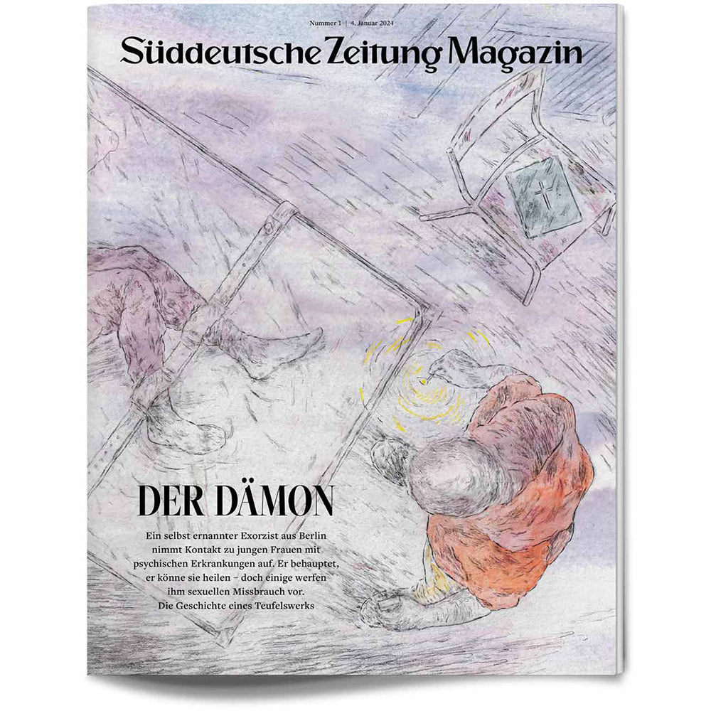 Abstrakte Zeichnung von zwei Figuren, eine davon sitzend mit einem Laptop, auf der Titelseite des Süddeutsche Zeitung Magazins.