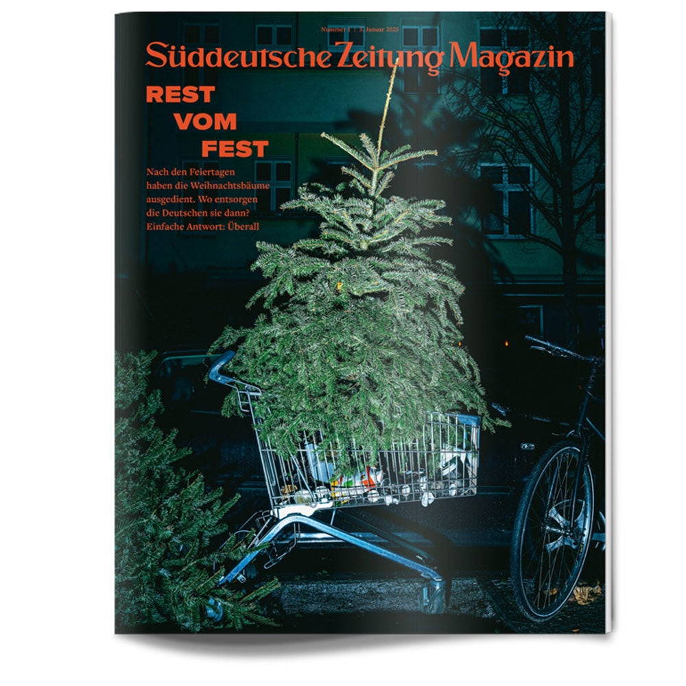 Ein weggeworfener Weihnachtsbaum in einem Einkaufswagen neben einem Fahrrad bei Nacht; Umschlagtext auf Deutsch.
