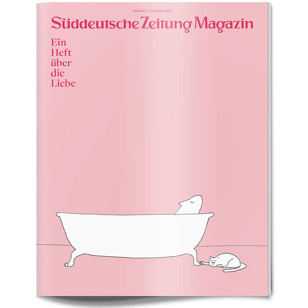 Ein rosa Zeitschriftencover mit einer Badewanne, einer Person darin und einer daneben liegenden Katze.