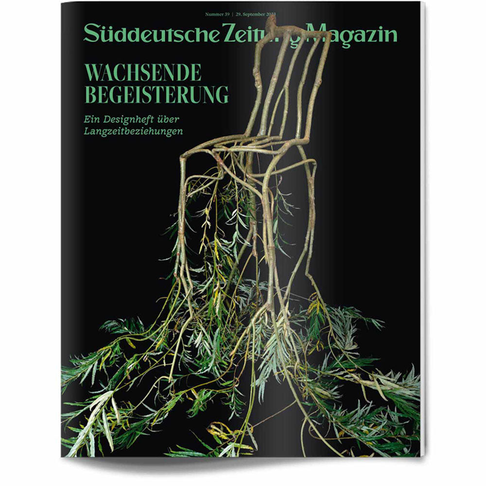 Ein Stuhl aus Zweigen und grünen Blättern auf dem Cover des Süddeutsche Zeitung Magazins.