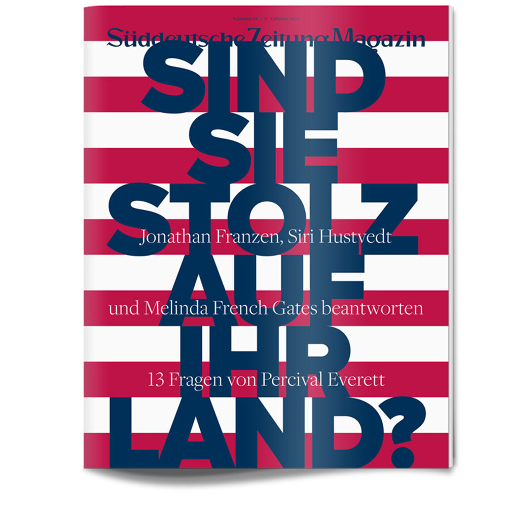 Zeitschriftenumschlag mit rot-weißen Streifen und fettgedrucktem blauen deutschen Text, der die Seite bedeckt.