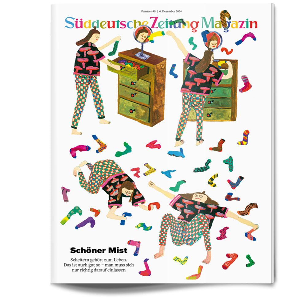 Titelseite des Süddeutsche Zeitung Magazins mit einer verspielten Illustration von Menschen, die bunte Socken in Schubladen sortieren.