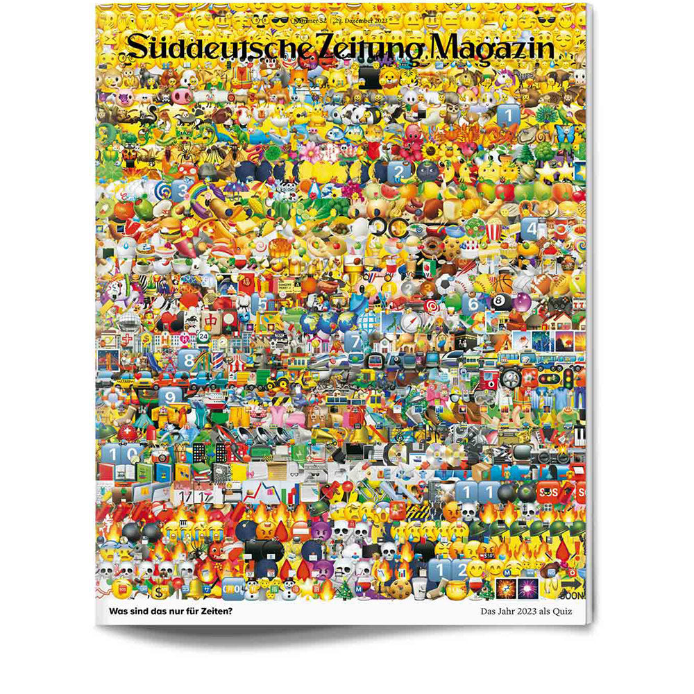 Ein Zeitschriftencover mit einem dichten Mosaik aus bunten Emoji-Symbolen und -Zeichen.