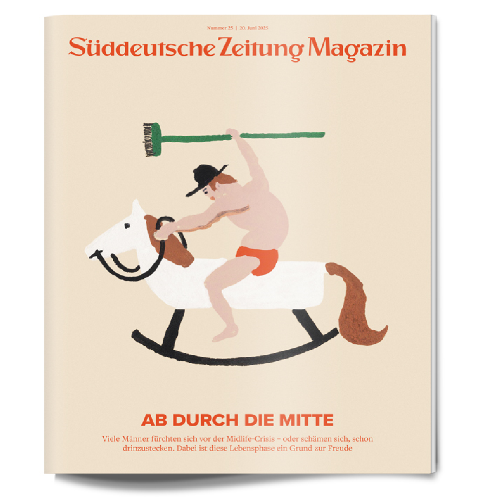 Illustration eines Mannes mit einer Harke, der auf einem Spielzeugpferd reitet, auf der Titelseite des Süddeutsche Zeitung Magazins.