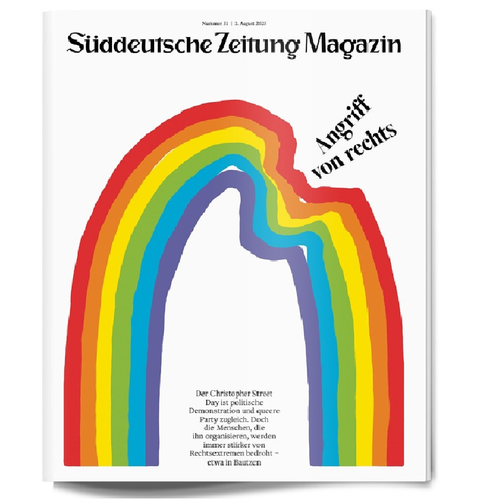 Ein Regenbogen mit einem Biss auf der rechten Seite mit dem Titel Angriff von rechts auf einem Zeitschriftencover.