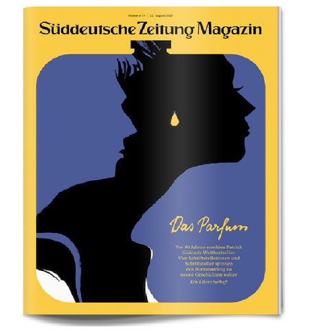 Silhouetten von zwei Gesichtern, einem schwarzen und einem blauen, mit einer gelben Träne auf einem gelben und blauen Zeitschriftenumschlag.