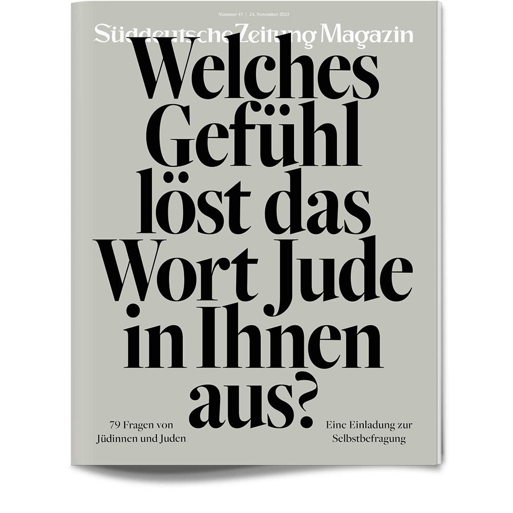 Magazinumschlag mit fettgedrucktem deutschen Text: Welches Gefühl löst das Wort Jude in Ihnen aus? auf grauem Hintergrund.