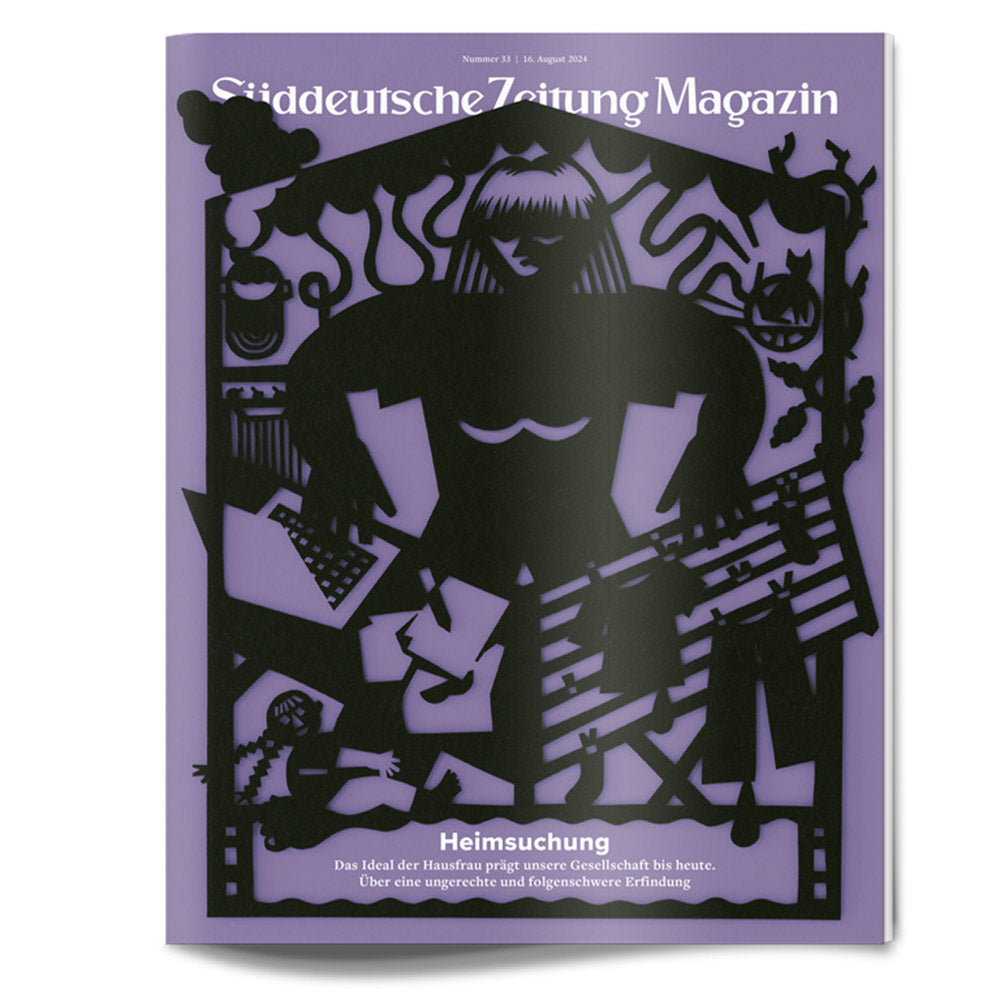 Titelblatt des Süddeutsche Zeitung Magazins mit einer schwarzen Scherenschnittillustration einer Frau und Haushaltsgegenständen auf Lila.