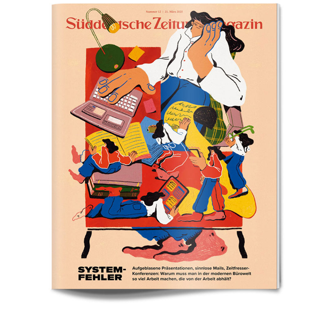 Illustration eines überforderten Büroangestellten, der an einem überfüllten Schreibtisch Multitasking betreibt, auf einer Zeitschriftenhülle.