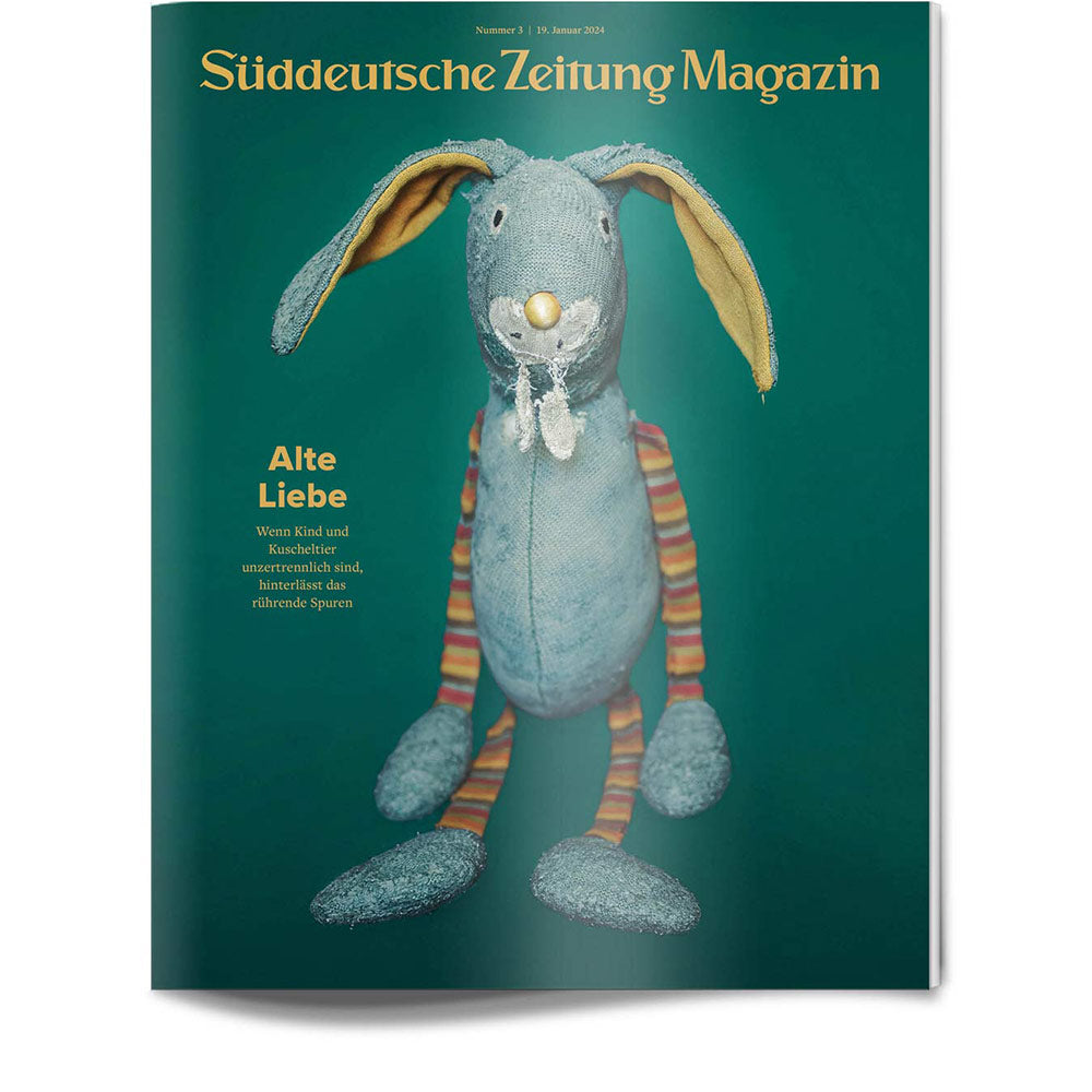 Ein gut abgenutztes blaues ausgestopftes Kaninchen mit gestreiften Beinen auf grünem Hintergrund, darüber der Text einer Zeitschrift.